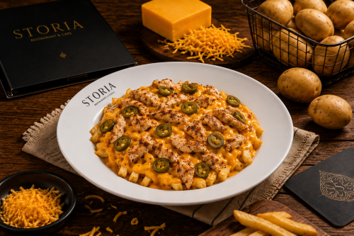 loaded fries with cheddar , chicken and jalapeno